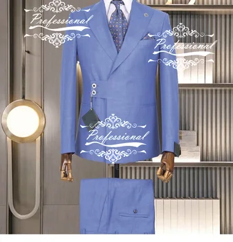 Светло синьо Уникален дизайн, пълен комплект мъжки костюми, булчински младоженеца, изработена по поръчка на луксозни марки, яке, панталони, оборудвана блейзър от 2 теми, панталони