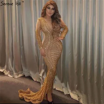 Секси Вечерни рокли на Русалка с V-образно деколте от Дубай, злато 2023, Бродирани с мъниста Пайети, Дълги Ръкави, Луксозна вечерна Рокля Serene Hill LA70320