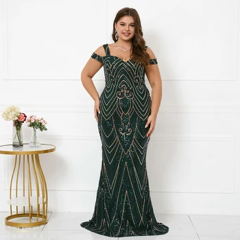 Секси елегантна Макси рокля на спагети презрамки голям размер, зелена вечерна рокля с пайети, дълга рокля за бала