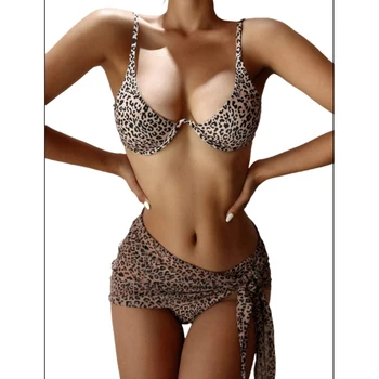 Секси комплект от 3 теми, женски бански костюм в стил бохо с леопардовым принтом, с ефект повдигащ, чашки, треугольное бразилски бикини, бански костюм с саронгом
