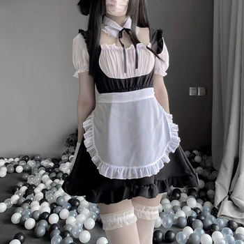Секси сладко черно-бяла рокля на прислужница дантела, костюм за ролеви игри, прозрачна шифоновая униформи за cosplay в стил аниме костюм изкушения