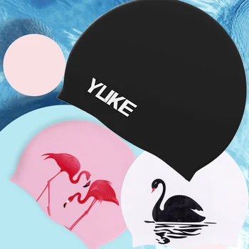 Силиконова шапка за плуване с анимационни принтом, жени, мъже, водоустойчиви, с дълга коса, защищающими ушите, шапки за плуване за момичета, деца, Лебед-фламинго