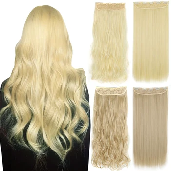 Синтетичен 24-инчов 5-инчов скоба за удължаване на косата, Огнеупорни дълги вълнообразни черни перуки за жени, естествени и изкуствени Коси, черни блондинки