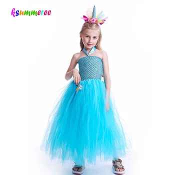 Синя рокля-пакетче с единорогом за момичета на вси, детска сладък дрехи пони дължина до глезена, детско карнавальное бална рокля за cosplay
