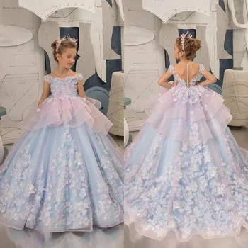 Сладки буйни дантелени 3D апликация с цветя, детски многопластови рокли с цветя модел за момичета на сватба, бална рокля, рокли за партита в чест на рождения ден на принцеса