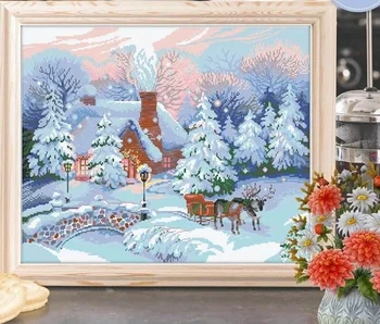 Снежен пейзаж, Зимни Комплекти за бродерия на кръстат бод в навечерието на Коледа с най-високо качество, 14 карата, шиене, определени, без надписи, вышитое арт, Ръчно изработени, домашен декор