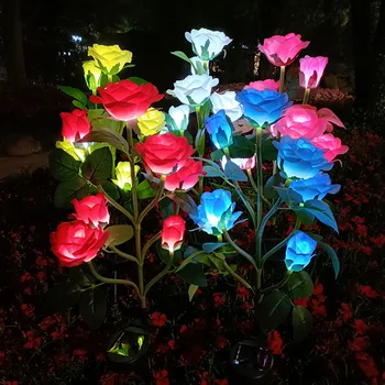 Соларни лампи във формата на цвете рози за външна украса на градината, на двора, на балкона, led водоустойчив ключ за включване/изключване, 7 главоболие, лампи, син, червен