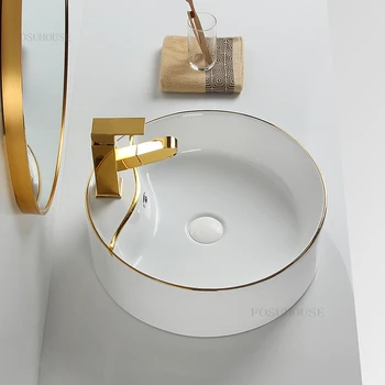 Съвременните мивки за баня със златен ръб, Лека луксозна санитария и фаянс за бани, Керамични кръгла мивка за измиване на тоалетната чиния, Домашен мивка с малък размер