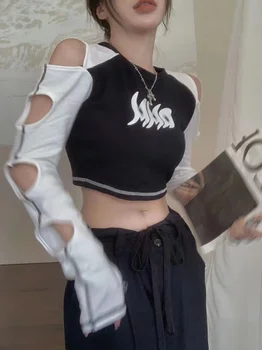 Съкратен потници, дамски тениски Cyber Y2k с дълъг ръкав, лятна градинска облекло в корейски стил, естетична риза в стил Фея Гръндж с открити рамене