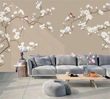 Тапети beibehang по поръчка, 3D снимка, европейската ръчно рисувани, романтична дръжка с цвете магнолия, на фона на рисувани цветя и птици