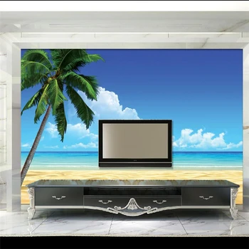 тапети wellyu за стени 3d Потребителски тапети Синьо небе, бели облаци морето плаж кокосови палми прост изглед към морето на фона на стена