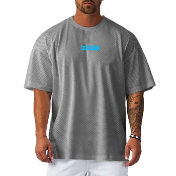 Тениска Оверсайз, мъжка тениска с ниски рамо, лятна мрежа за фитнес, Свободна баскетболно майк, дрехи за фитнес, голям размер на окото