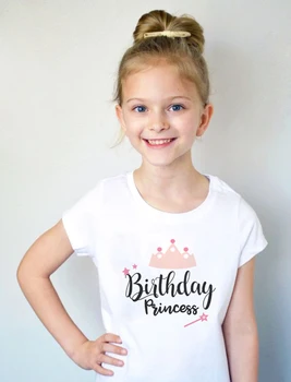 Тениска Принцеса рожден ден, детска тениска с къс ръкав, Ежедневни риза за тийнейджъри, Новост 2020 година, Модерна детска тениска с кръгло деколте, Празнична дрехи за момичета