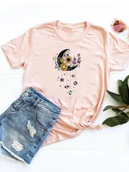 Тениска с флорални принтом Moon Dream Web 90-те години, като основната дрехи, летен топ, модна тениска с къс ръкав и шарките, дамски дрехи