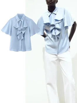 ТРАФИКА на 2023 Годишна жена однотонная риза, Ново дамско диференцирани украса с ревери, Ежедневни Риза с къс ръкав, Меки върхове на тънки копчета