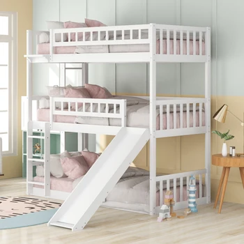 Трехъярусная легло с вградена стълба и пързалка, Тройно легло с парапет, Бяла дизайн 