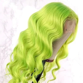 Флуоресцентно-зелен дълъг съраунд вълнообразни перука, завързана отпред, лаймово-зелена къдрава синтетични перуки, без лепило, наполовина свързани с ръка косата от топлинна влакна