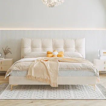 Художествена легло от плат кремава на цвят, с високите крака, проста двойно легло, червеният кръст, 1.8 м, луксозна основна спалня в скандинавски стил, технология flannel k