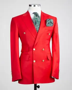 Червен двубортный мъжки костюм, сако от 2 теми, 2020 Смокинги за младоженеца с назъбени ревери, сватбени костюми за младоженеца (сако + панталон)