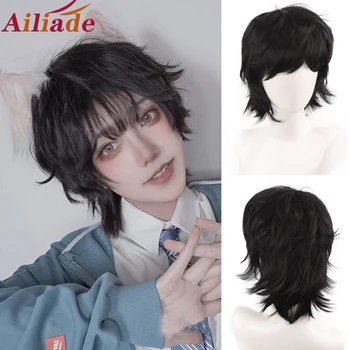 Черна мъжка перука Ailiade с къса прав бретон 12 инча; Синтетични перуки за момчета, cosplay, аниме, всекидневни перука за партита, Огнеупорни