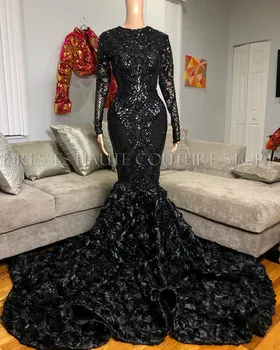 Черни и дълги рокли за абитуриентски бал 2023, секси топ с пайети за черна Момичета рокля на Русалка с 3D Цветя и дълъг ръкав
