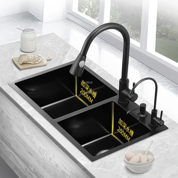 Черни кухненски мивки Nano с две прорези, леки луксозни аксесоари, Голяма мивка за миене на съдове, ръчно изработени от неръждаема стомана