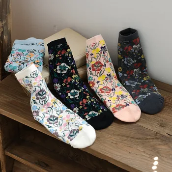 Чорапи, бебешки чорапи със средна дължина, пролетно-есенни памучни чорапи в етнически стил, памучни чорапи в стил Гора, дамски чорапи в стил ретро с цветя