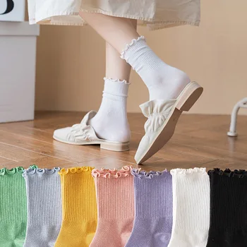 Чорапи за жените, сладки чорапи с волани, памучни японски модерен лилав дамски чорапи за екипажа, Дамски чорапи