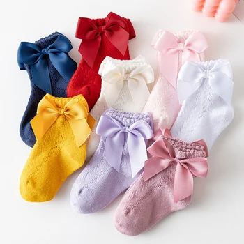 Чорапи за малки момичета с лъкове Лятото дишащи меш памучни чорапи за деца Sweet Princess Girls Hollow Out Socks