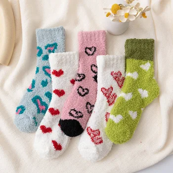 Чорапи от коралов руно с принтом Love, сладки плюшени флисовые дебели чорапи за сън, дамски чорапи, удобни чорапи дишащи Kawaii