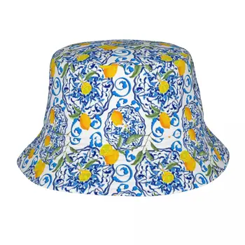 Шапка-кофа с лимонов плодов модел, Дамско Мъжка мода, Лятното Слънце на открито, Летни цитрусови плодове, Рибарска шапка в средиземноморски стил