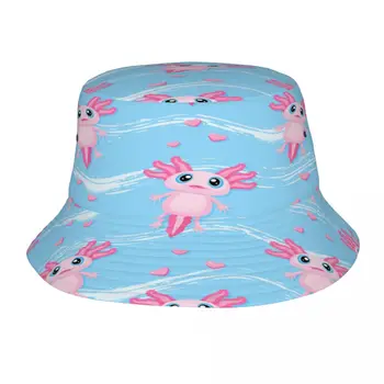 Широка периферия шапка унисекс, бейзболни шапки в стил хип-хоп Gorros, сладък аксолотль с малки сърца, Лятна панама, Плажна шапка за риболов от Слънцето
