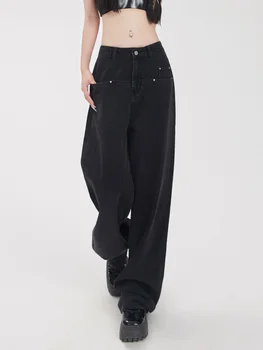 Широки дънки, дамски черни дънкови панталони с висока талия, широки панталони, ежедневни однотонная модни градинска дрехи, реколта дънки Y2k 2023