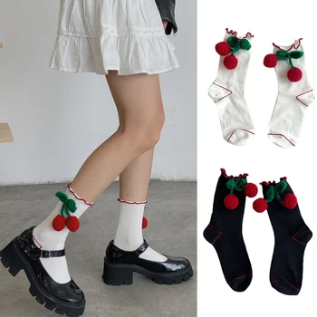 Японски Дамски Чорапи за Момичета със Сладко Накъдрена тапицерия Harajuku Lolita Kawaii, Студентски Трикотаж Носочные Изделия Ръчно Плетени с 3D Череша Лък M6CD