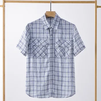 Японски мъжки ленени наметала, ризи, ежедневни риза с къс ръкав, лятна тенденция дишаща тънка клетчатая блуза, мъжки градинска облекло