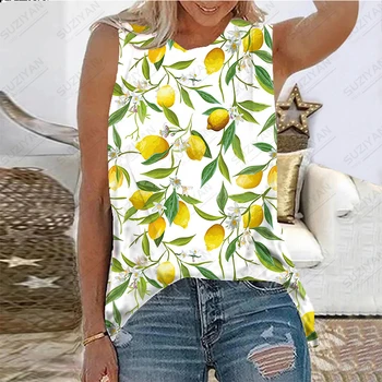 2023, дамски лятна нова риза без ръкави с 3D принтом, плодов жълт лимон принт, всекидневни женски пуловер за междуградски пътувания