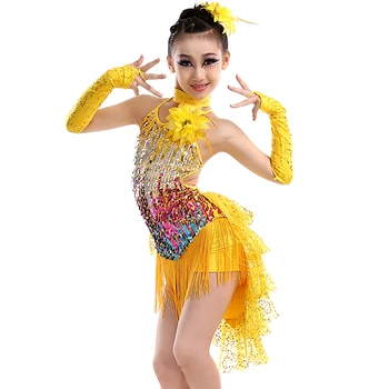 Бебешка рокля за латино танци с пайети и ресни, златни костюми за латино състезания за момичета, рокли за салса с пискюли, детска бальная облекло за самба