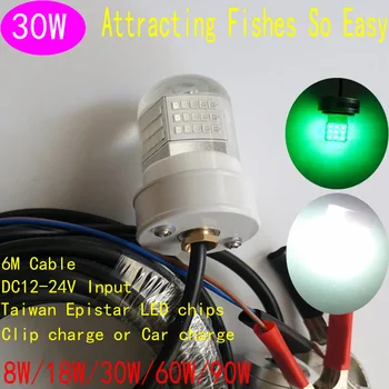 Потопяеми риболовни LED светлини е 30 W, IP68 Водоустойчив 12 В Подводна риболовна стръв LED Нощни светлини на рибарски