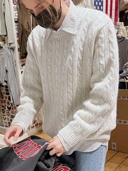 Сладък бял памук вязаный пуловер, женски есенно-зимните пуловери в ретро стил с дълги ръкави, реколта обикновен дамски пуловери, блузи